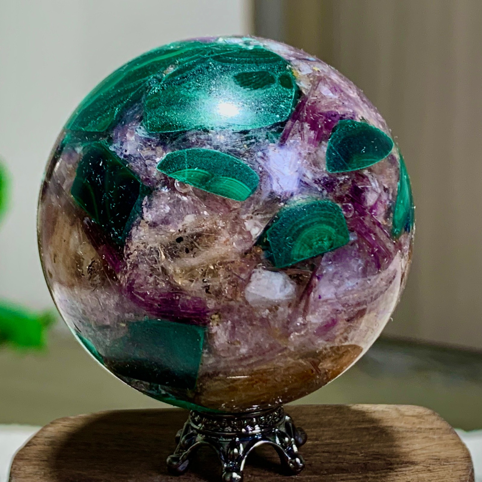 129G Newly discovered rare malachite purple mica symbiotic sphere restoration