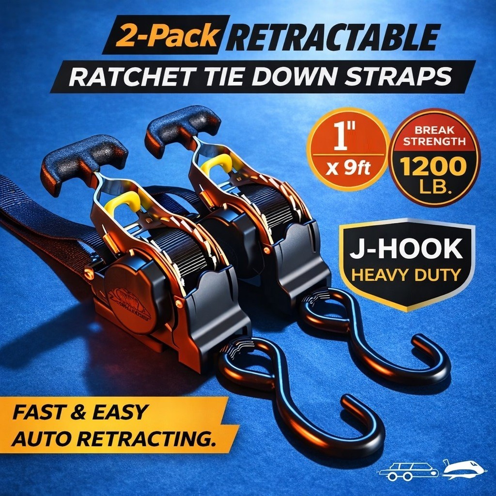 🔥 2-Pack 10FT Retractable Ratchet Tie-Down Straps | 1500LBS Heavy-Duty | S-Hook
