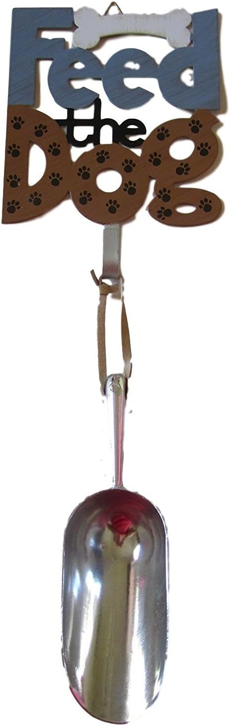 Dogs Metal Food Scoop with Hanging Decorative Reminder Plaque - Feed The Dog