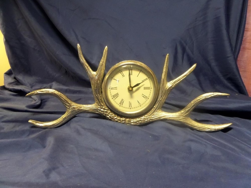 Deer Antler Silver Clock Mantle Table Desk Solid Clock Battery Operated 15x6