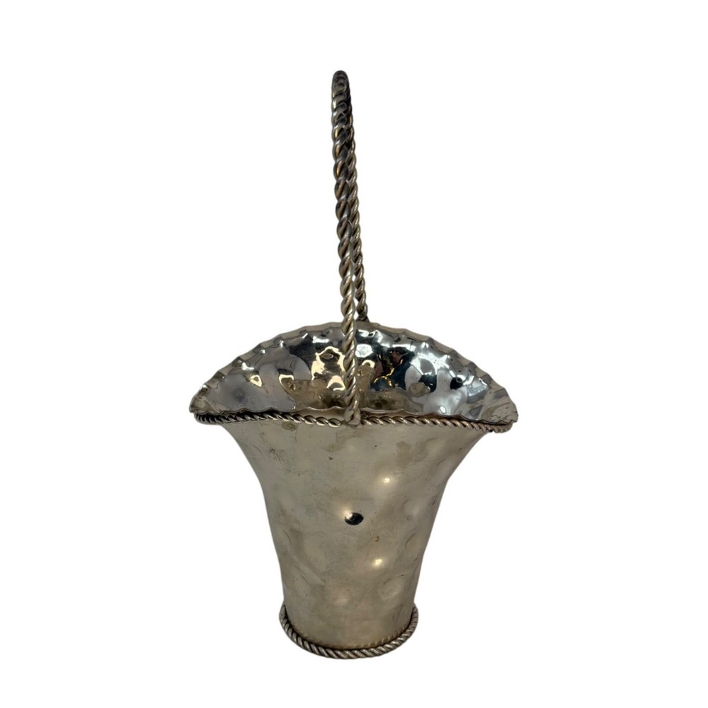 Vintage Silver Silver-plated Flower Basket Dimpled Vase India Twisted Handle