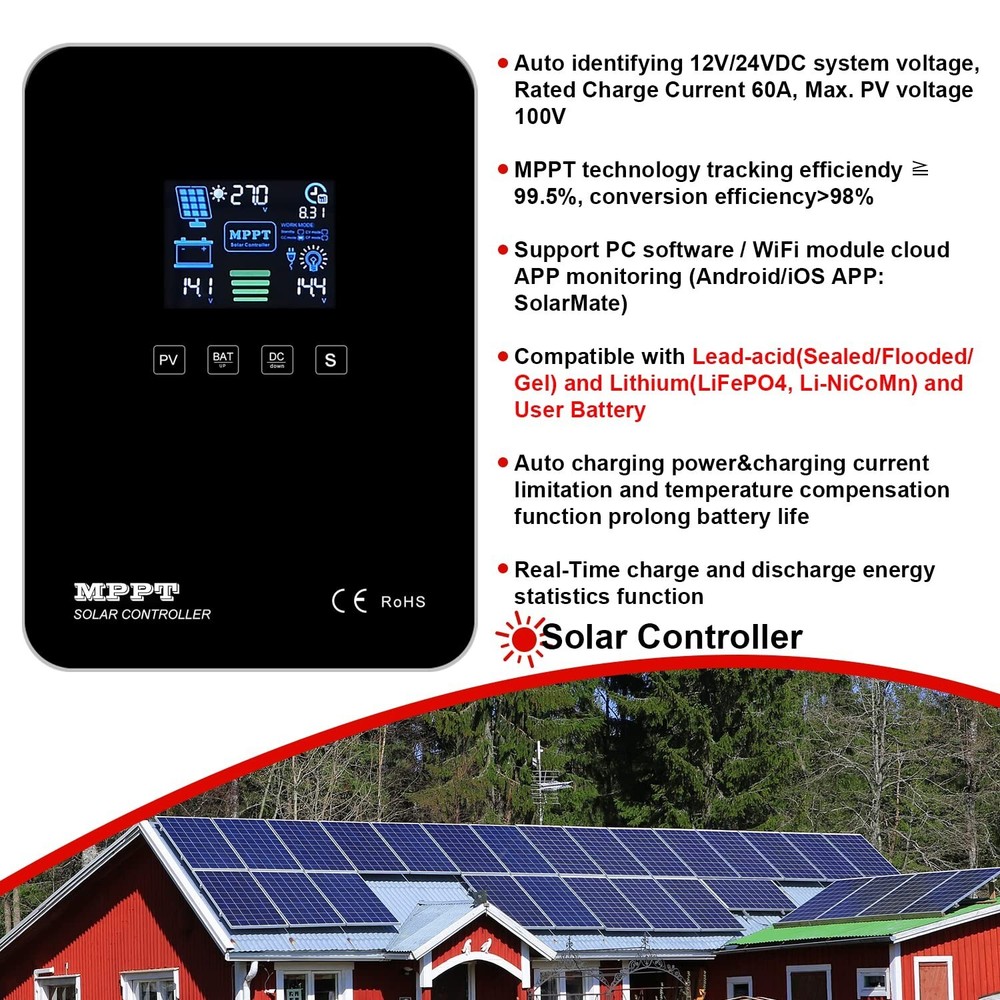 MPPT Charge Controller 60A +WIFI Cloud Moduel 12V/24V Solar Panel Regulator