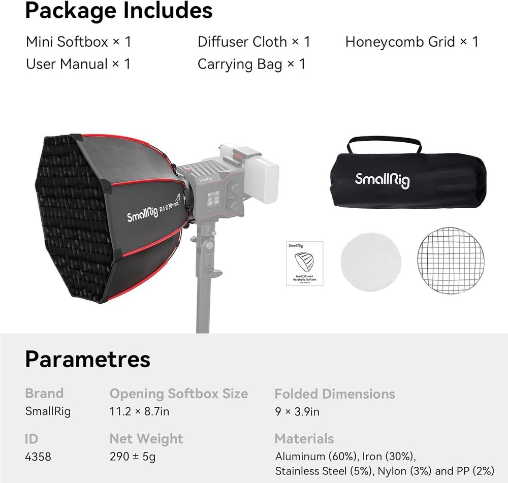 Lightweight Mini Parabolic Softbox for RC 60B COB Light - Enhanced Light Control