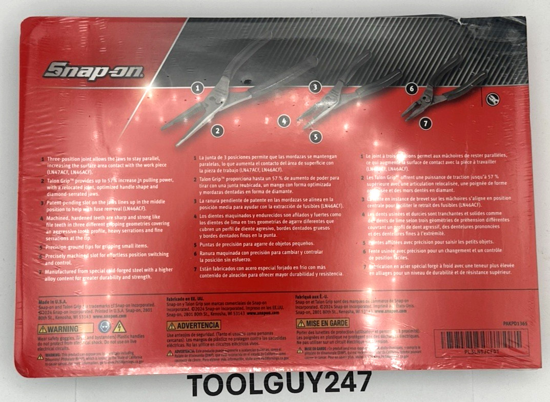 SNAP ON TOOLS USA 3PC DK TITANIUM LONG NOSE Slip Joint Pliers Set PL3LNSJCF DT