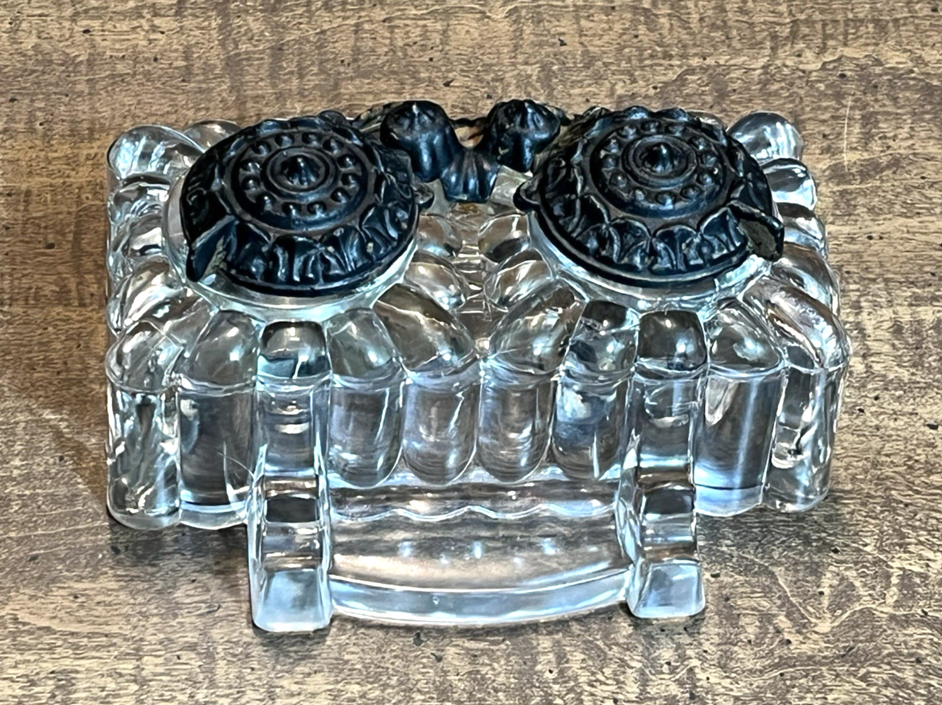 Antique "Tatum" Double Inkwell Pressed Glass w/Cast Iron Swivel Lids 1878-1900