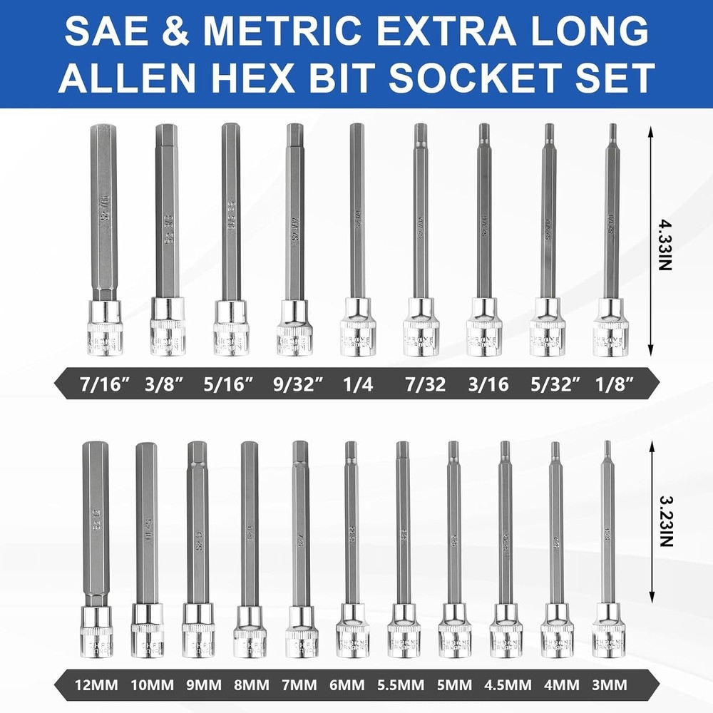 20PCS Extra-Long Allen Hex Bit Socket Set, 3/8 Inch Drive Allen Socket Set, SAE