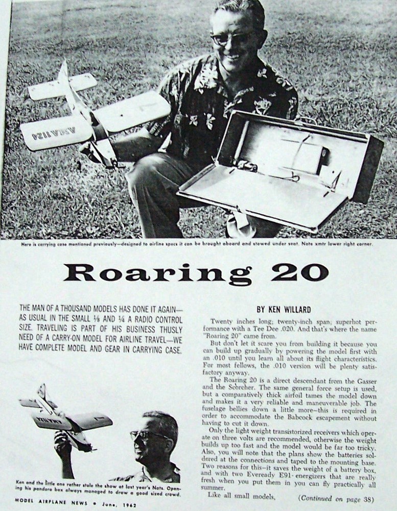 Rare ROARING 20 PLAN + CONSTRUCTION ARTICLE forTake-Along RC Article Model Plane