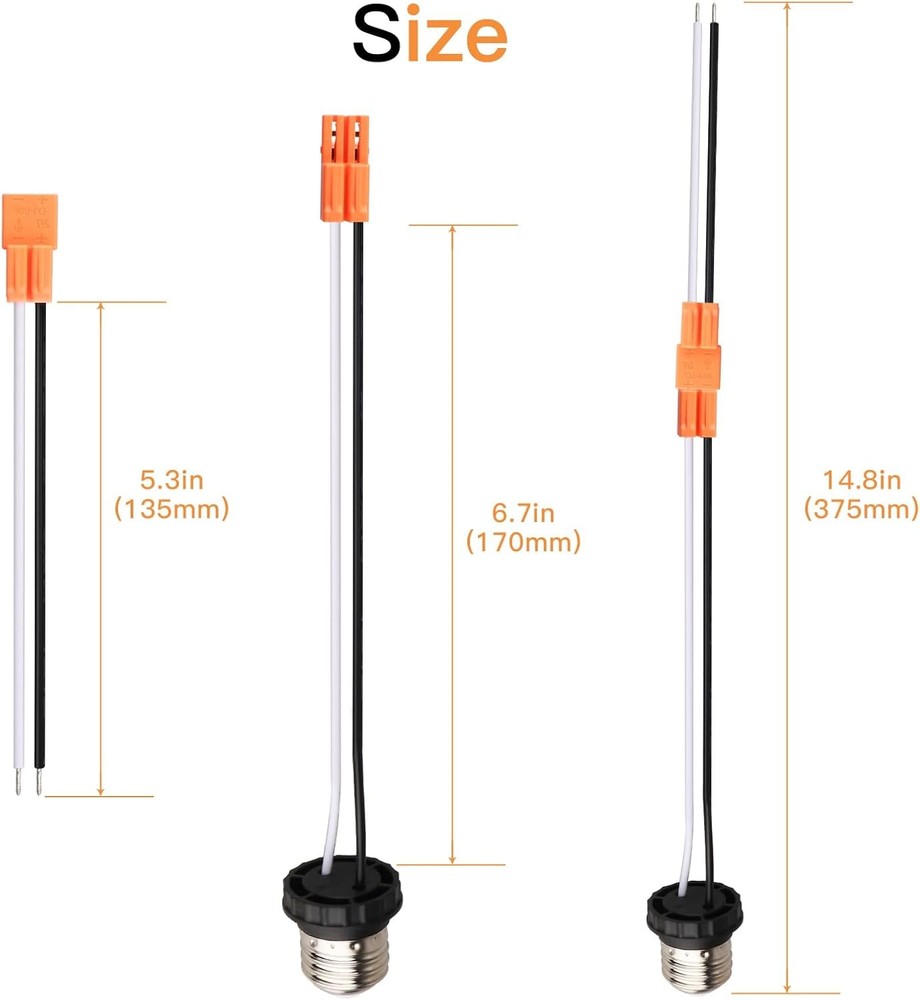 Helunsi E26 Socket Adapter, 6 Pack Light Bulb Pigtail, Screw in Orange