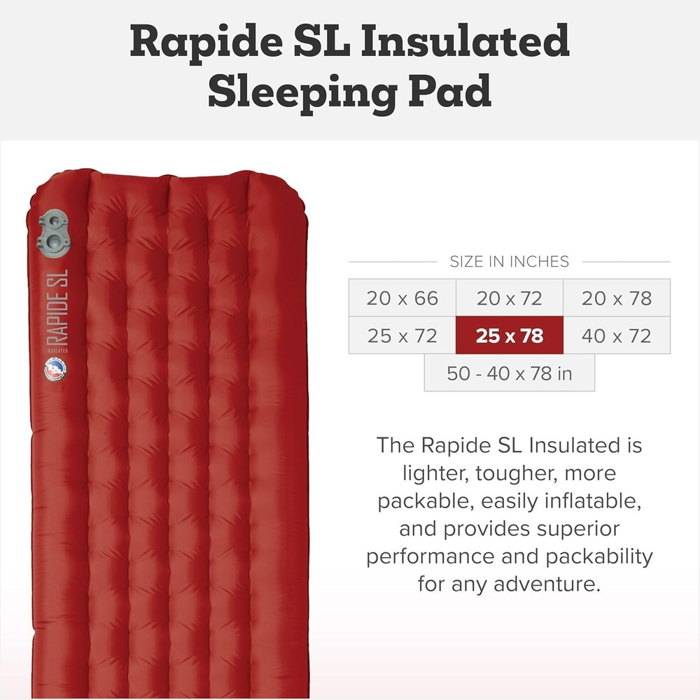Big Agnes Rapide SL Insulated Sleeping Pad 25"x78" NEEDS PATCH pls read