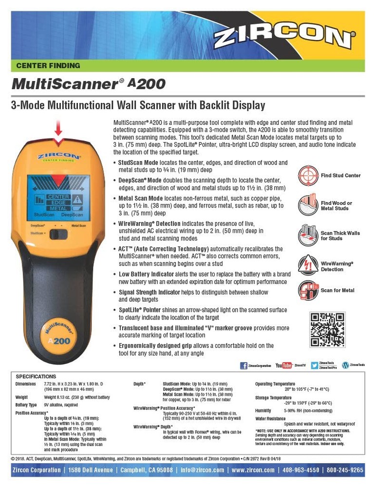 Zircon MultiScanner A200 – Electronic Wall Scanner Center Finding, Orange
