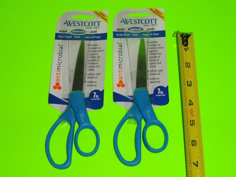 (2x) BLUE Westcott 7" Straight Handle Medium Scissors Antimicrobial Left Right