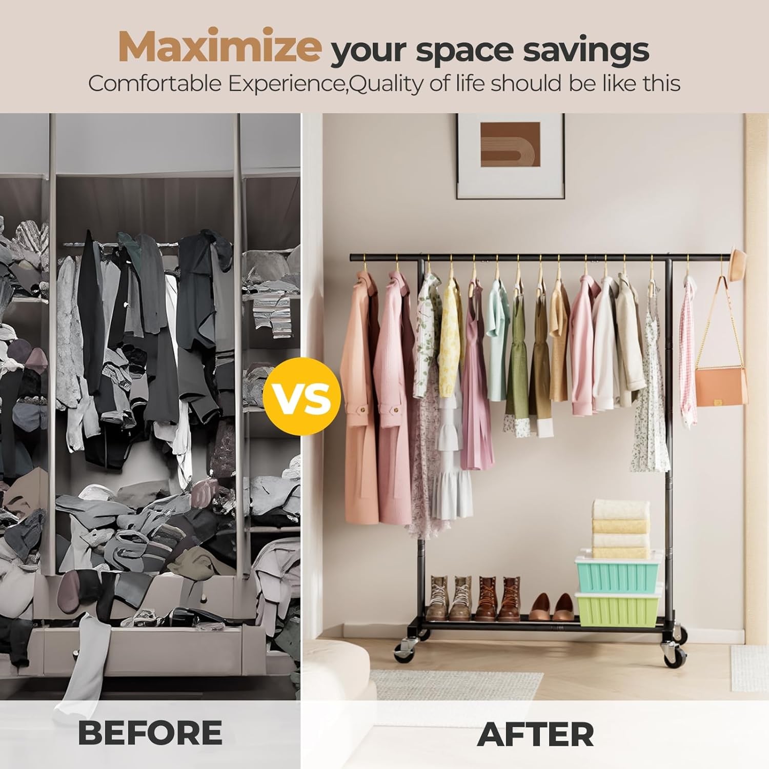 Clothes Rack for Hanging Clothes, Clothing Rack with Wheels, for Laundry, Room-