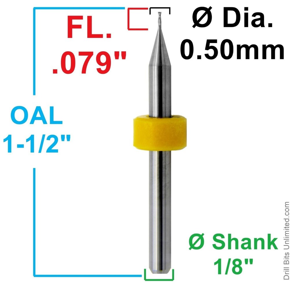 0.50mm (.020") Solid Carbide End Mill 2 Flute 1/8" Shank Square End 5pc Used