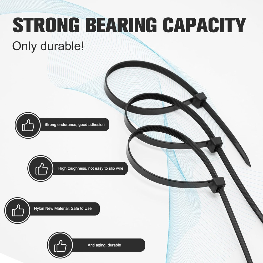 Black Zip Ties Assorted Sizes 4+6+8+10+12-Inch，600Pcs Multi-Purpose Self-Locking