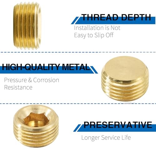 1/4" NPT Male Plug, Brass Internal Hex Thread Pipe Plug, Hex Countersunk Head