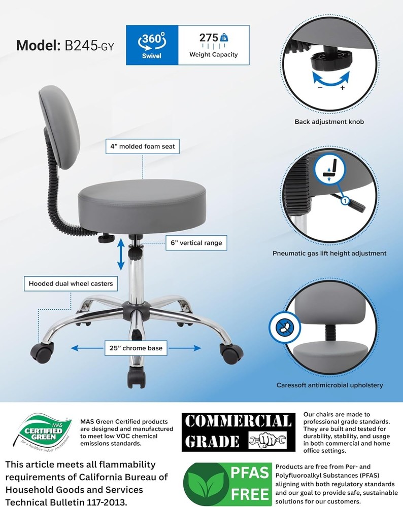 Multi-Purpose Drafting Stool with Back Cushion and Stable Alloy Steel Frame