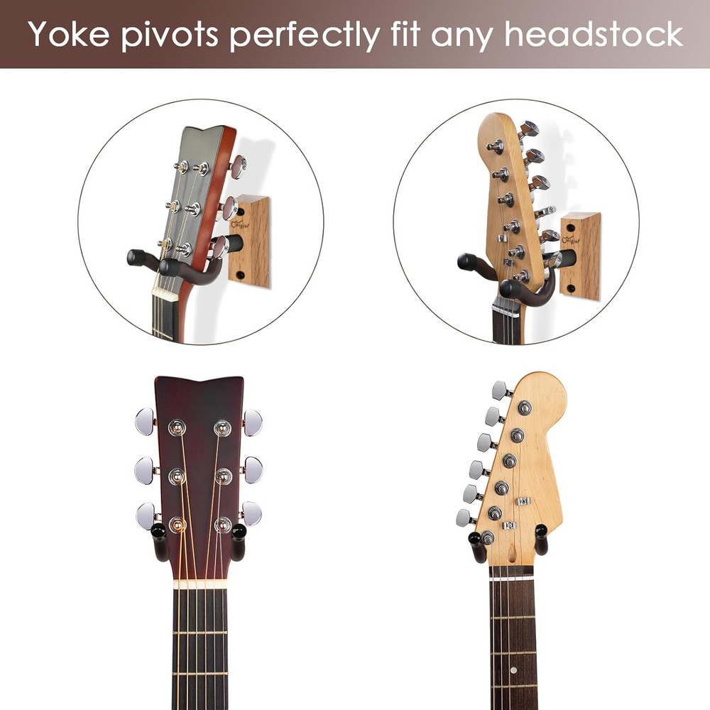 Guitar Wall Mount 2 Pack, Rotatable Solid Wood Hanger with Screws, V-Shaped Hook