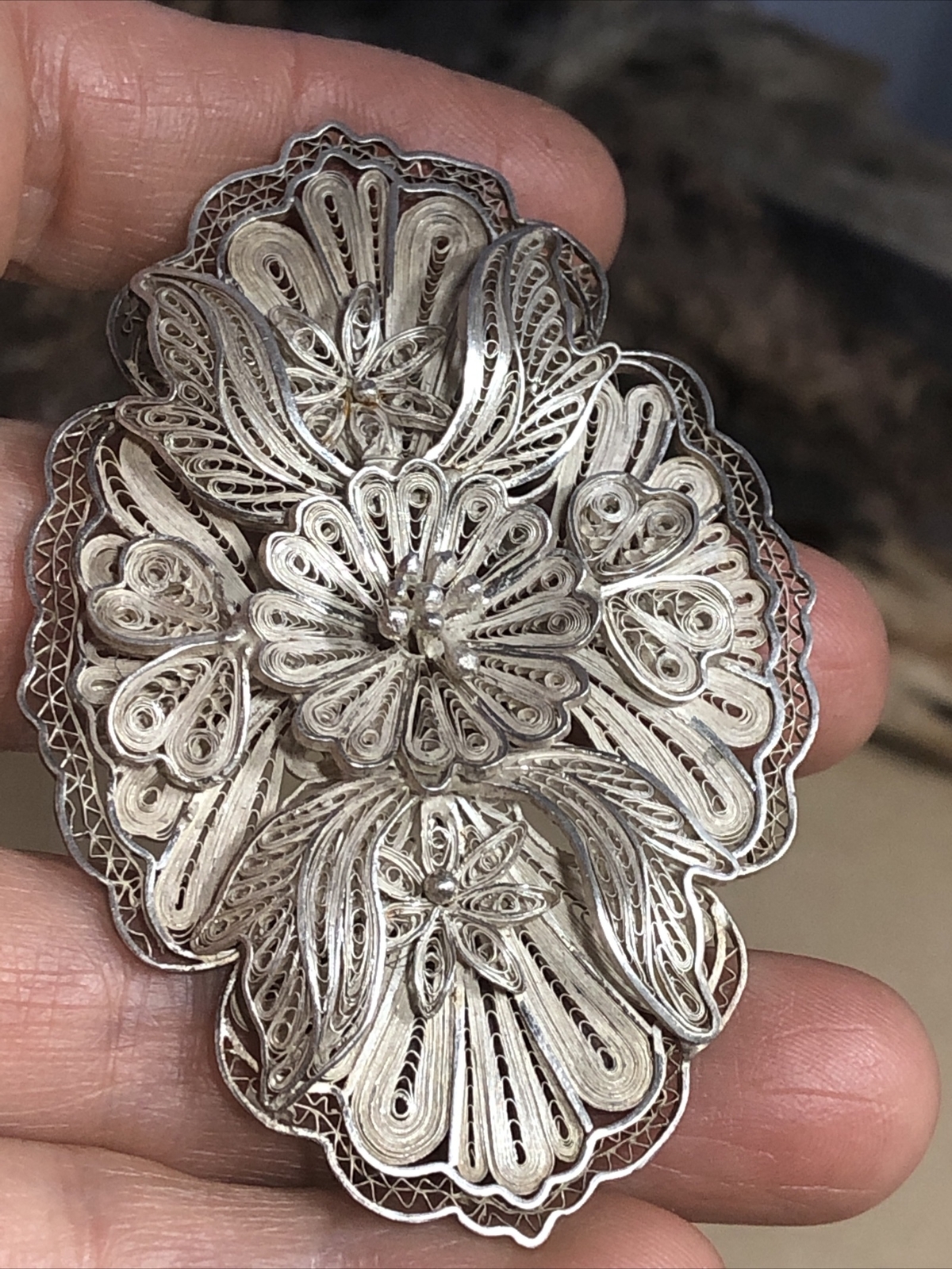 Vintage Old 925 Sterling Silver Cannetille Filigree Floral Pin Brooch 17.7g