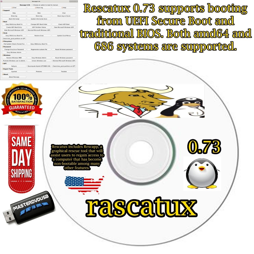 Rescatux Linux Utility Bootable DVD – Your Essential Rescue Tool - Fast Shipping