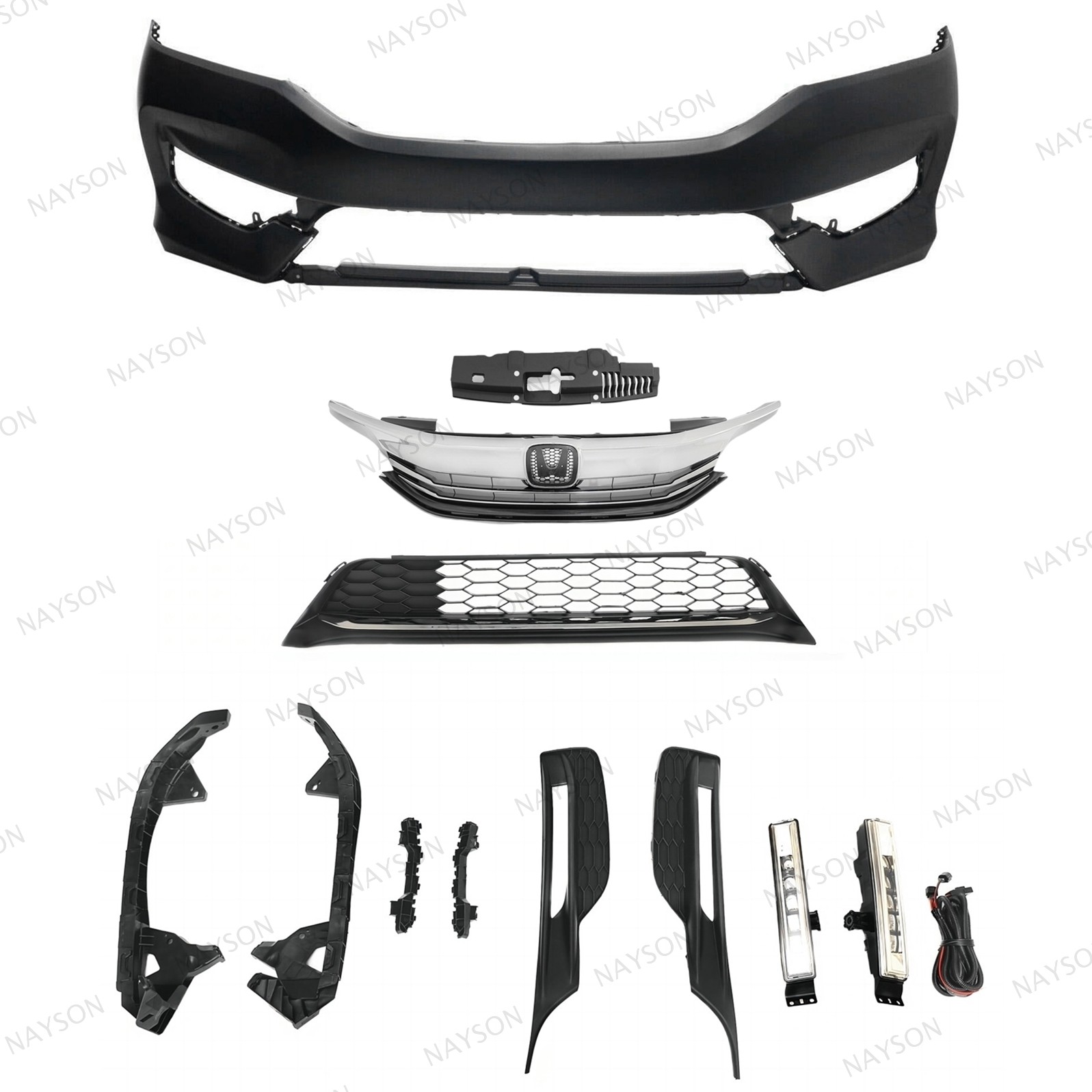 For Accord 2016-17 Front Bumper Cover/Upper Lower Grilles/LED Fog Lamps/Retainer