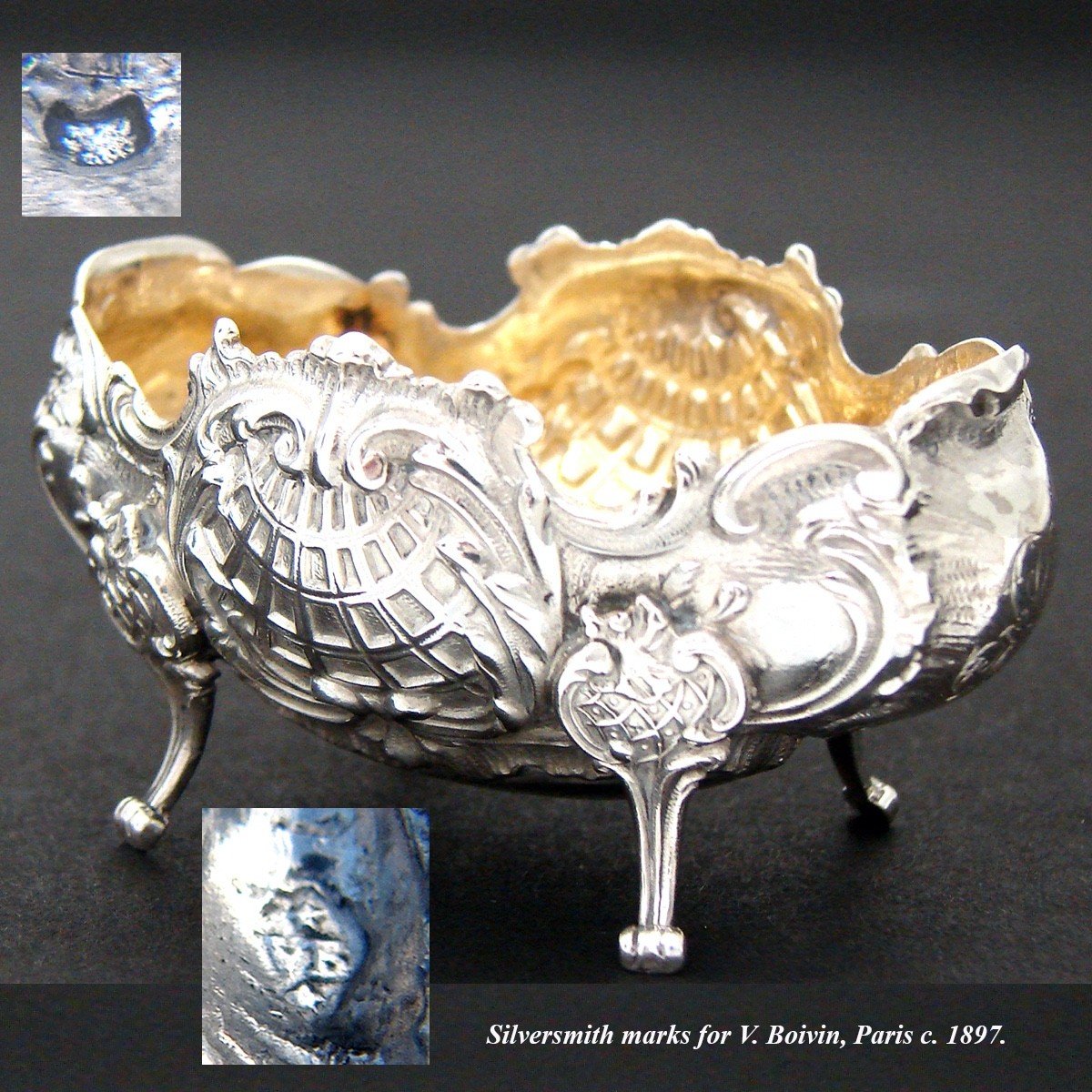 Fab Pair Antique French .800 (nearly sterling) Silver Open Salts, Louis XV Style