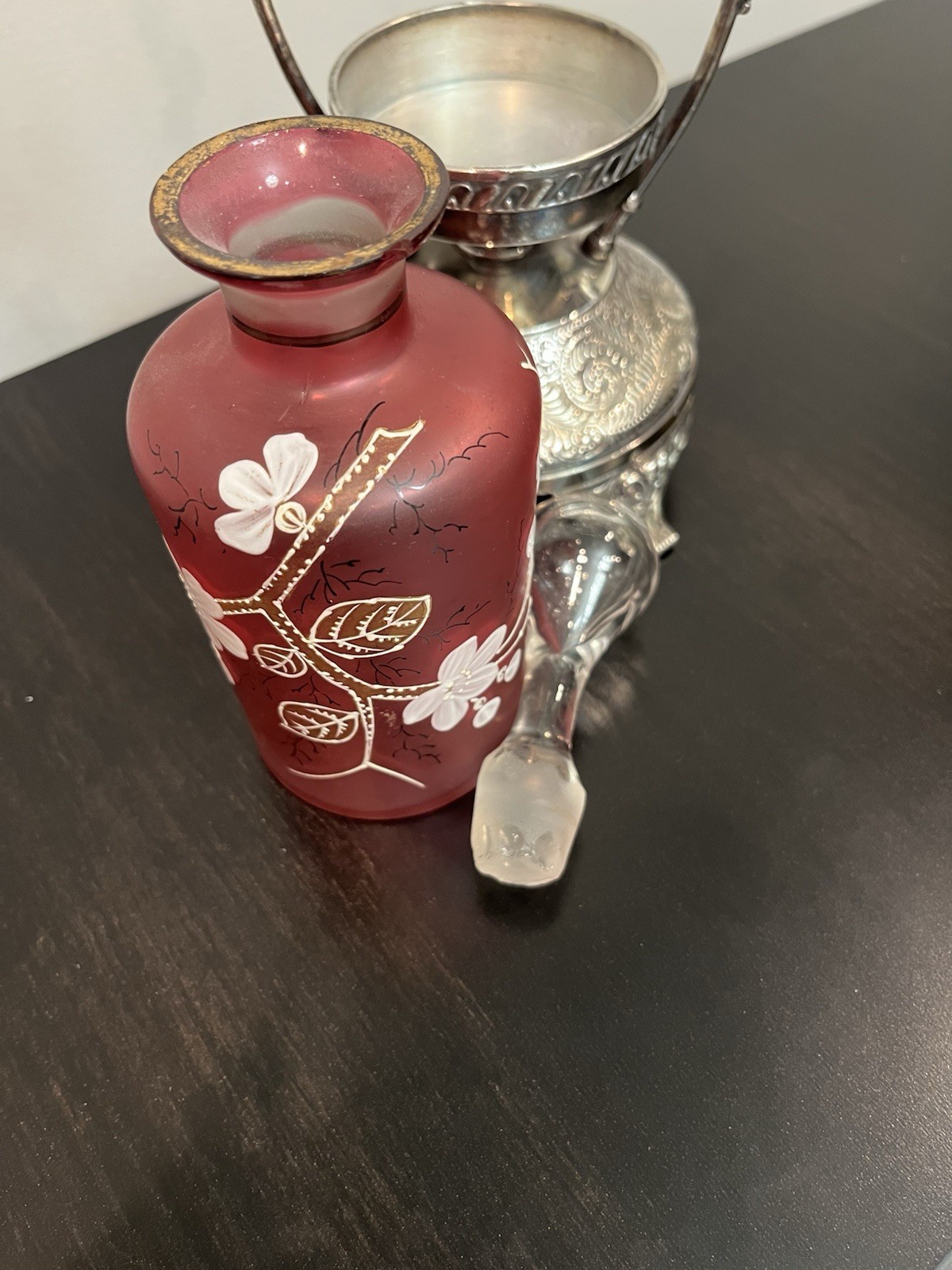 RARE Victorian Silver Plate Figural Perfume Castor Holder Cranberry Satin Glass