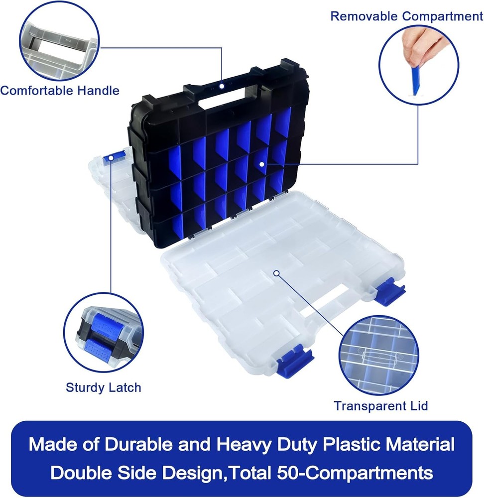 Tools Organizer Box Small Parts Storage 50-Compartment Double Side Blue