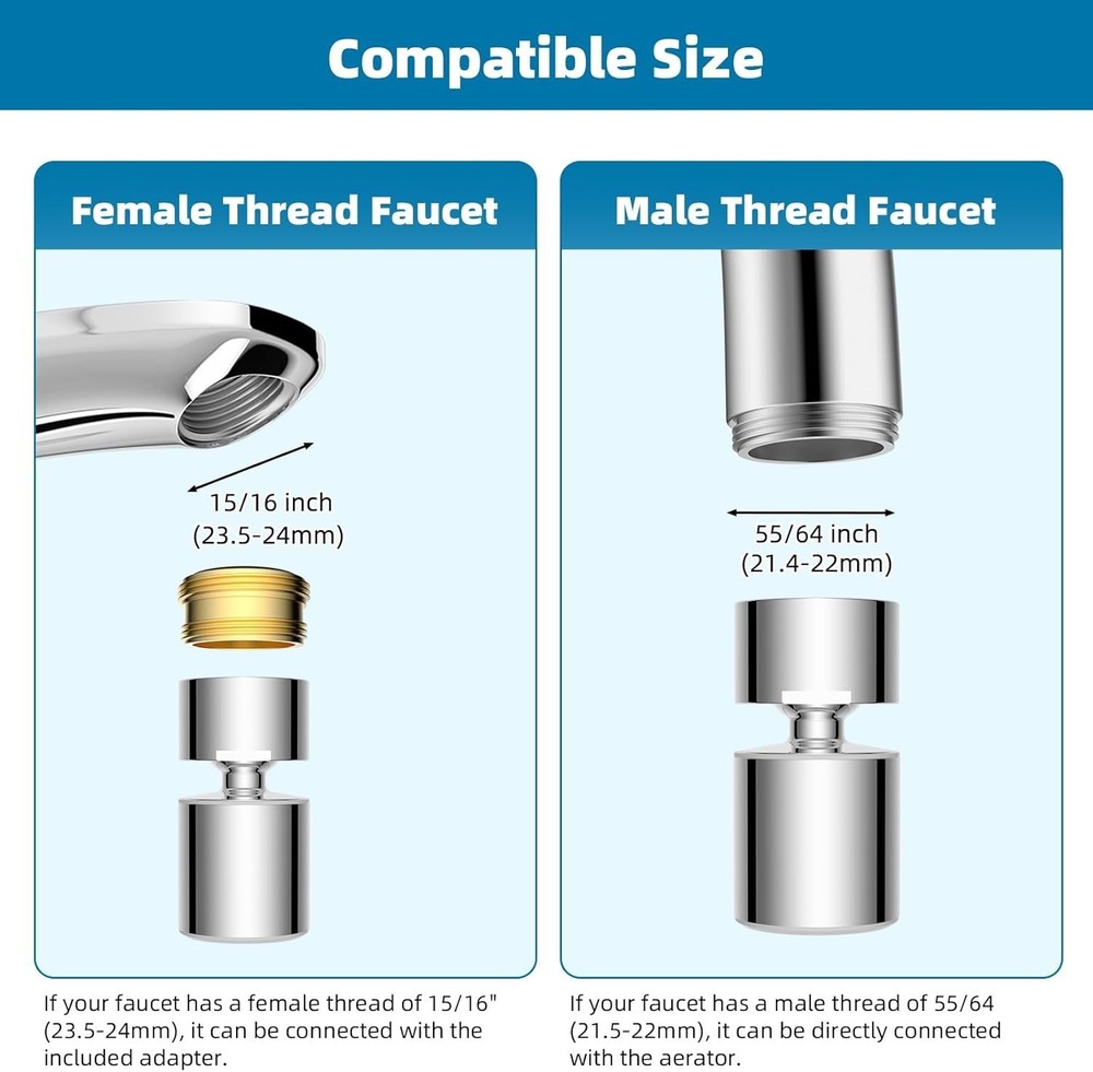 Durable Chrome Kitchen Sink Aerator - 360° Twist Design with Dual Functionality