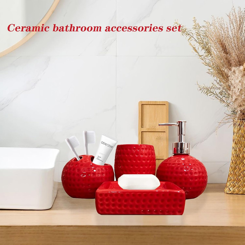 Bathroom Accessories Set,4 Pcs Red Ceramic Bathroom Accessory Set Complete with