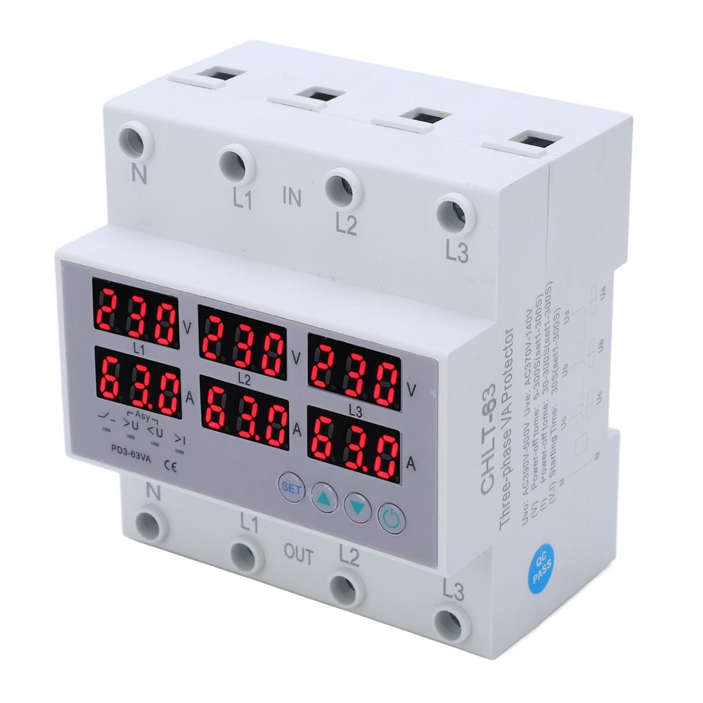 3Phase DIN Rail Voltmeter Ammeter Automatic Overvoltage Overcurrent Protector63A