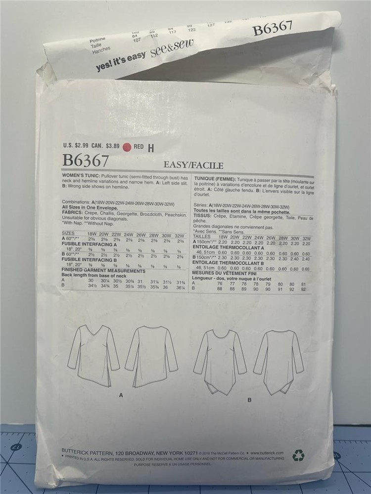 SEE & SEW Sewing Pattern - B6367 - 18W-32W - Tunic Tops