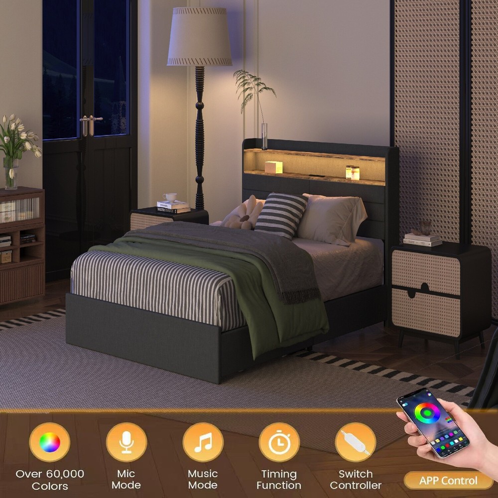 Full/Queen Size LED Bed Frame Upholstered Platform Bed w/ 4 Drawer & Headboard