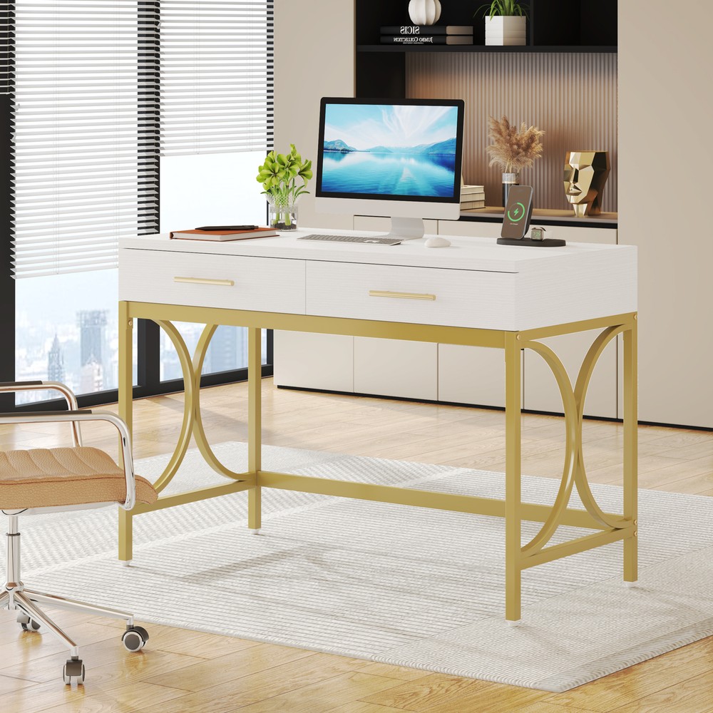 41" White Computer Desk with 2 Drawers, Modern Study Writing Desk with Storage