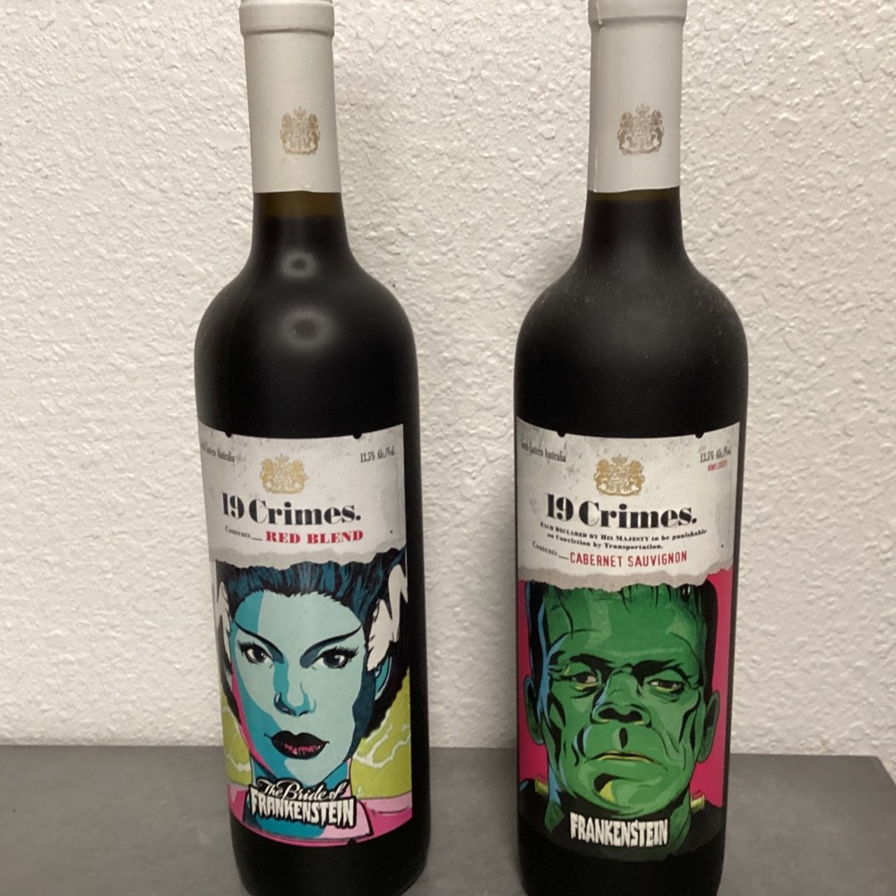 EMPTY 19 CRIMES THE Bride & FRANKENSTEIN Universal Monsters WINE BOTTLE