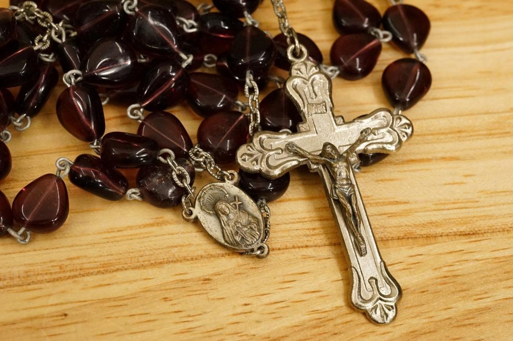 Estate Religious Jewelry Purple Glass Catholic ROSARY Terra Santa Crucifix Cross