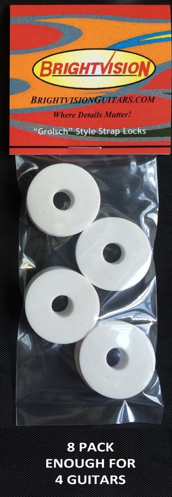 Eight Brilliant WHITE Silicone Rubber Guitar Strap Locks - Classic & Reliable