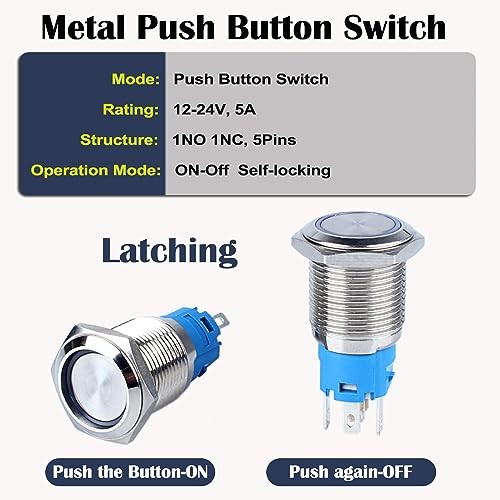 2PCS 16MM Latching Push Button Switch Waterproof 12-24V Ring Led 1NO 16mm Red