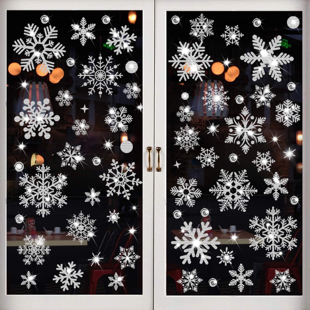 Glitter Snowflake Window Clings, 147PCS Silver Sparkling Christmas Window Cli...
