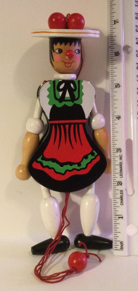 Vtg. E. Pfaff Wooden Pull String Puppet Black Forest Girl approx. 7.25"