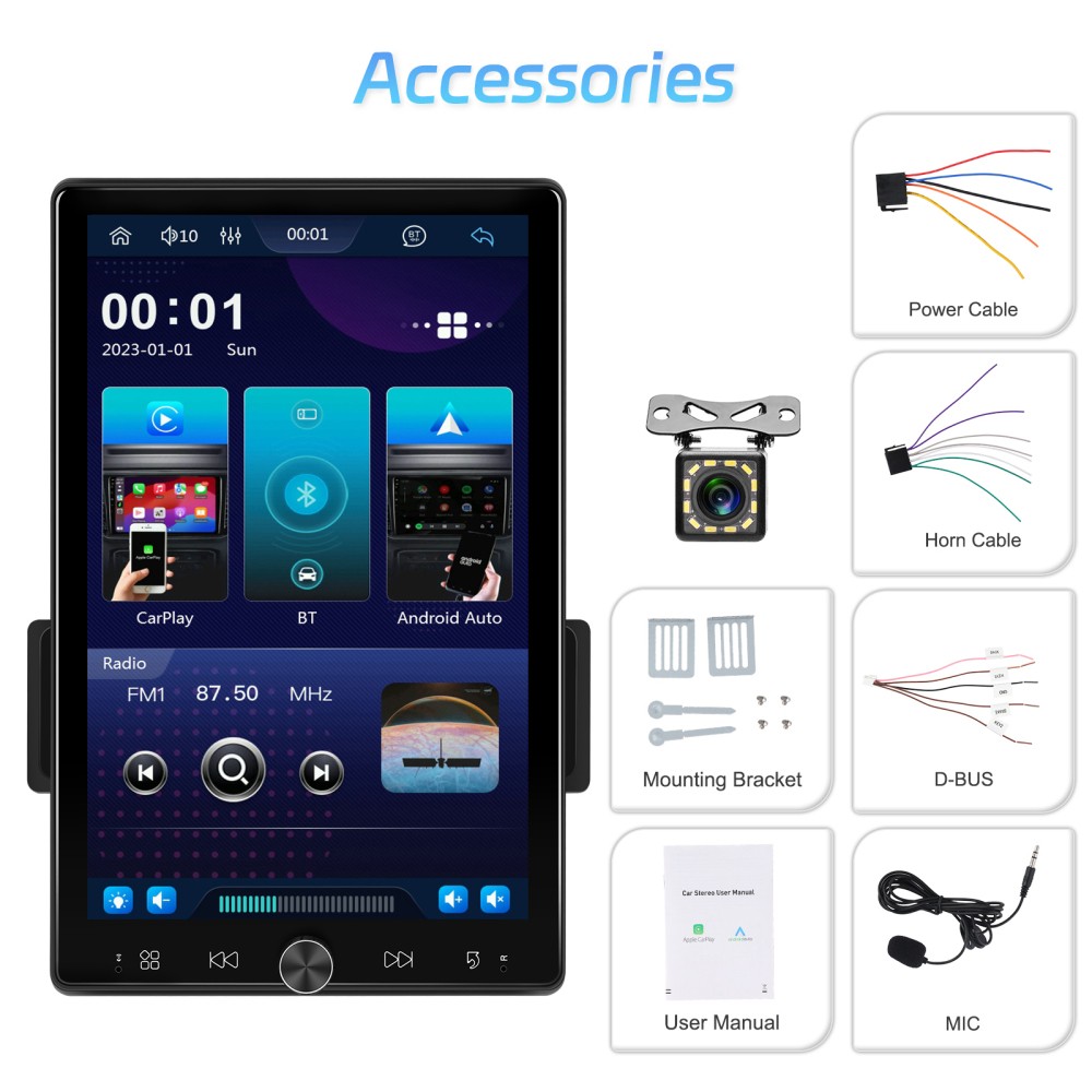 Single 1Din Touch Screen Car Radio Wireless Carplay Android auto Vertical+Camera