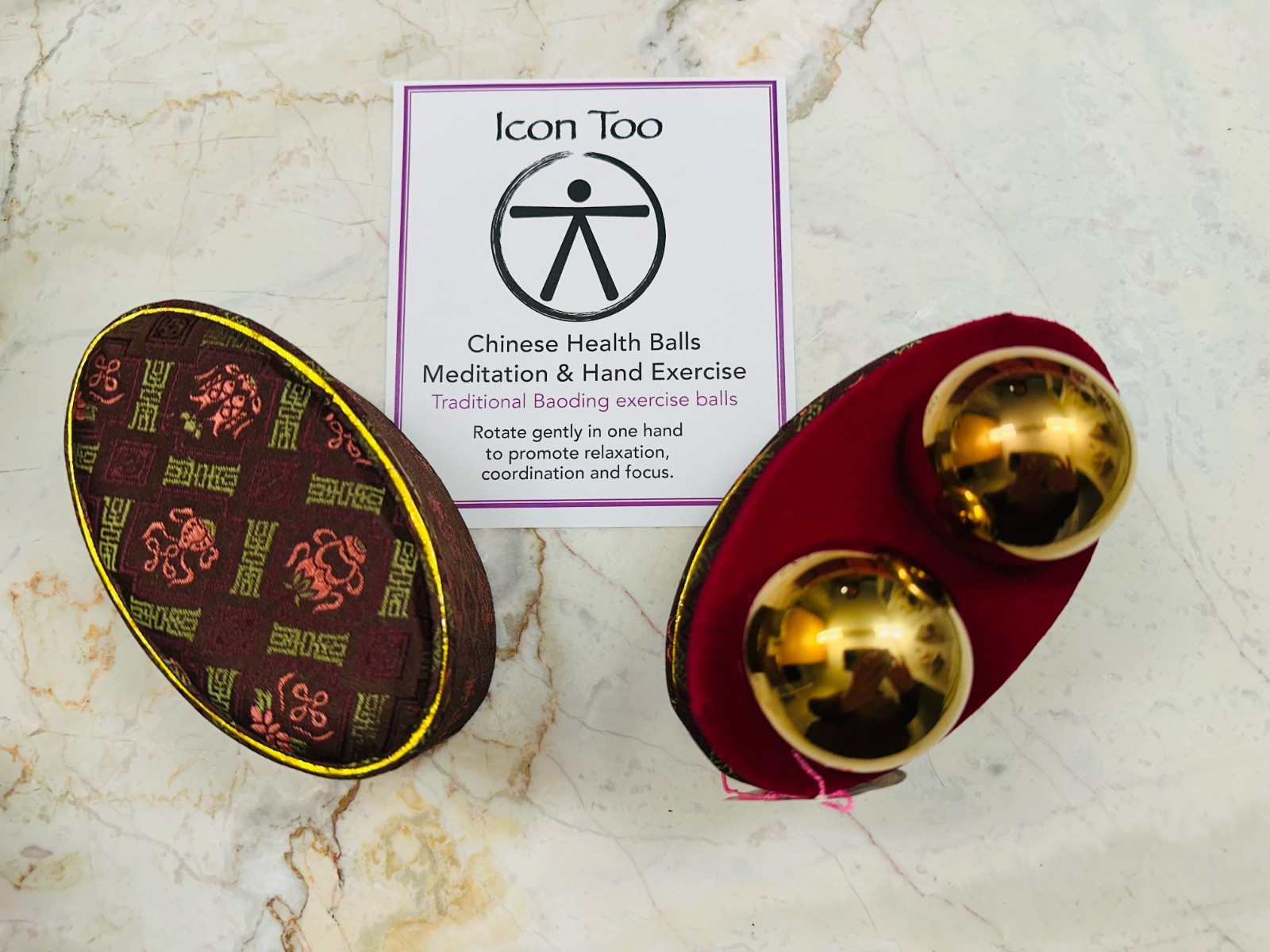Icon Too Brass Baoding Chinese Health Balls Meditation Hand Exercise Set Second