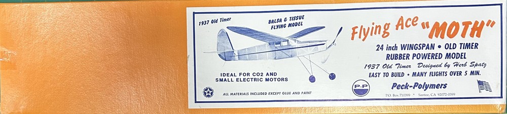 Peck Polymers Flying Aces Moth 1937 Old Timer 24"Wing Span Rubber, C02, Electric