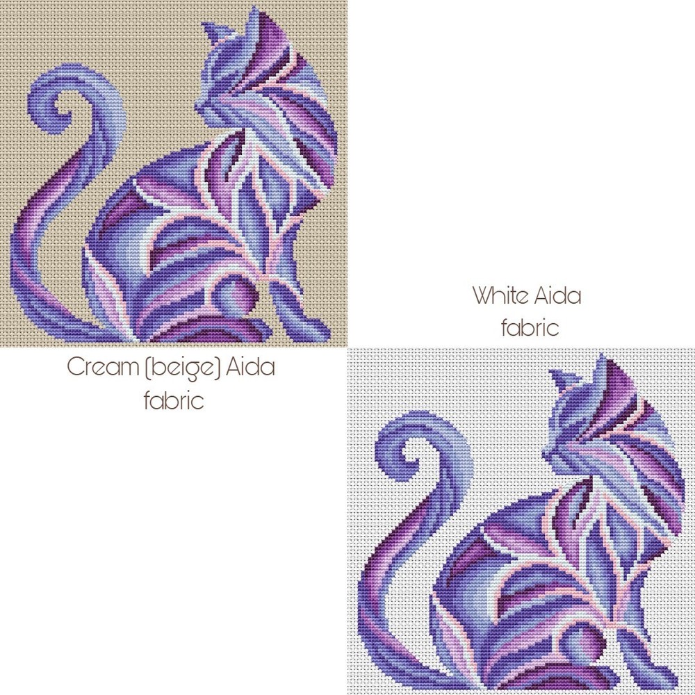 Cross Stitch Printed Pattern Purple Abstract Cat DIY Chart Needlework DMC Color