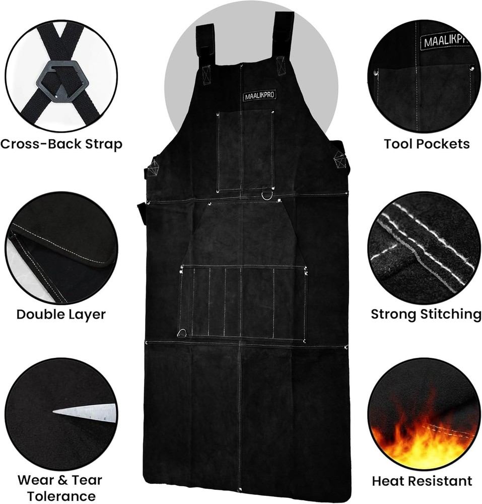 Leather Welding Work Apron with 9 Tool Pockets Black