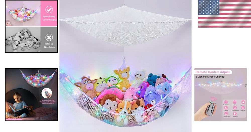 Triangular LED Toy Storage Hammock for Stuffed Animals - Space-Saving Corner Net