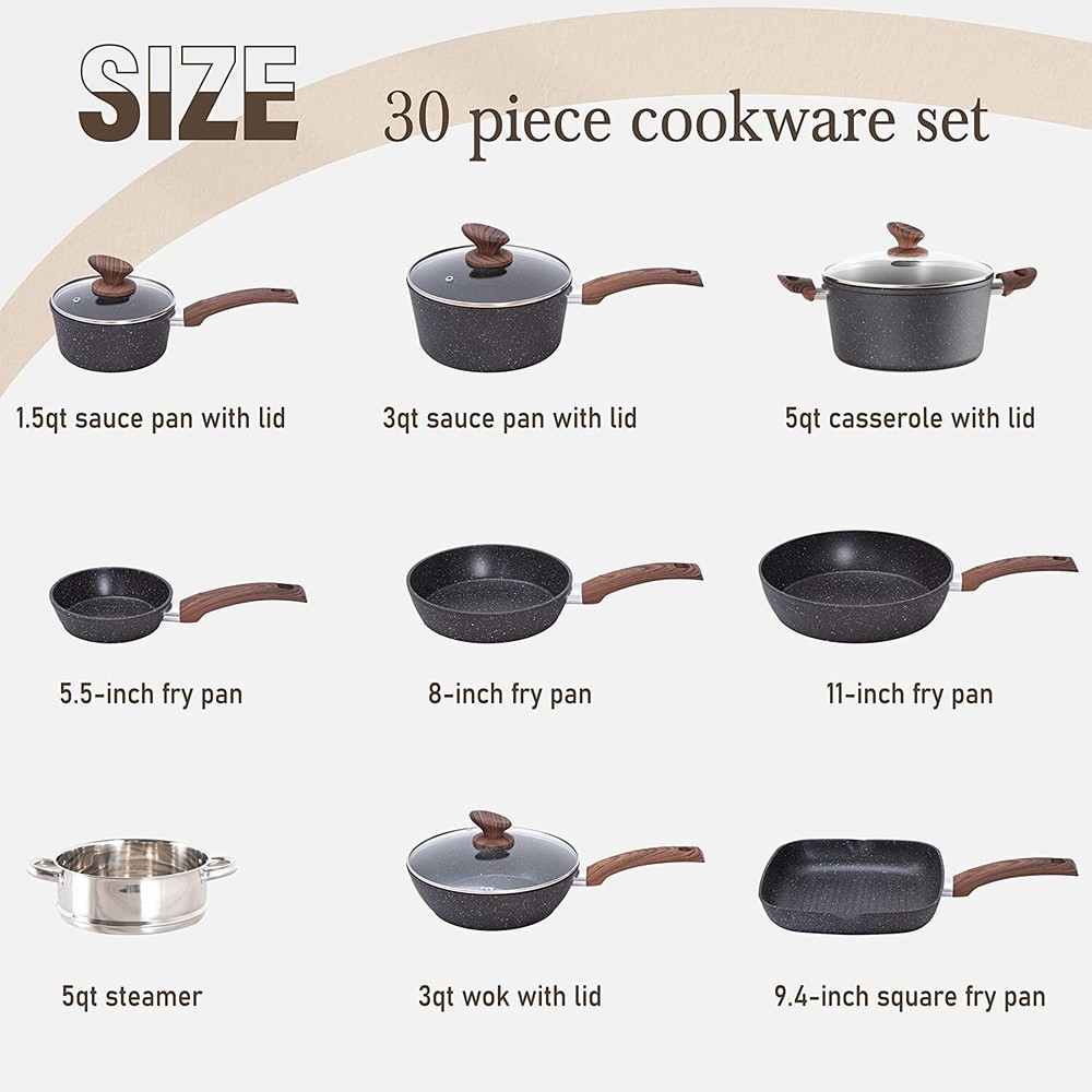 30 Pieces Cookware Set Nonstick Granite Coated Pots and Pans Set Bakeware Set