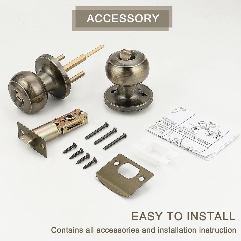 Probrico Privacy Door Knobs Lock Interior Bedroom 1 Pack, Antique Brass