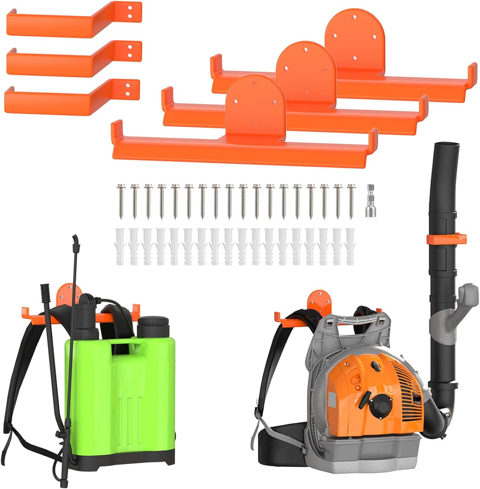 Heavy Duty 3-Pack Backpack Blower Rack with Hose Holder for Tool Storage
