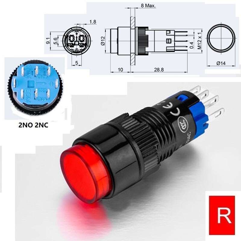 12mm DPDT Illuminated ON/OFF Round Plastic Push Button Switch (LAS2Y-Z)