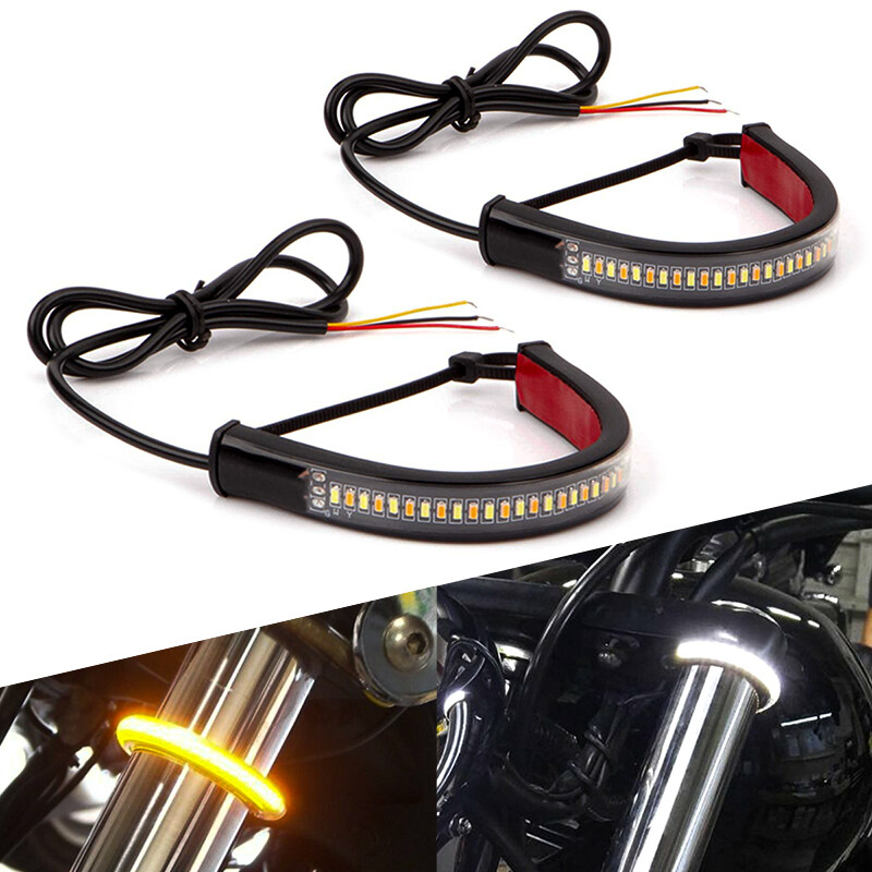 Amber White LED Fork Turn Signal Indicators Blinkers Light Strips For Motorcycle